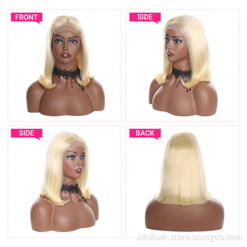 Wholesales 10A Grade 150% Peruvian Transparent Lace Frontal Bob Wigs 10 Inch 4X4 Silky Straight Lace Front Bob Wig 613